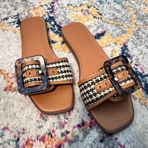 Woven Tan and Black Buckle Slide Sandals